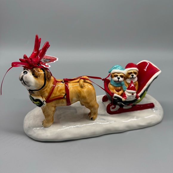 NWT Blue Sky Clayworks Christmas Dog Pug Reindeer Pulling Sleigh Ceramic Figure - Picture 5 of 11